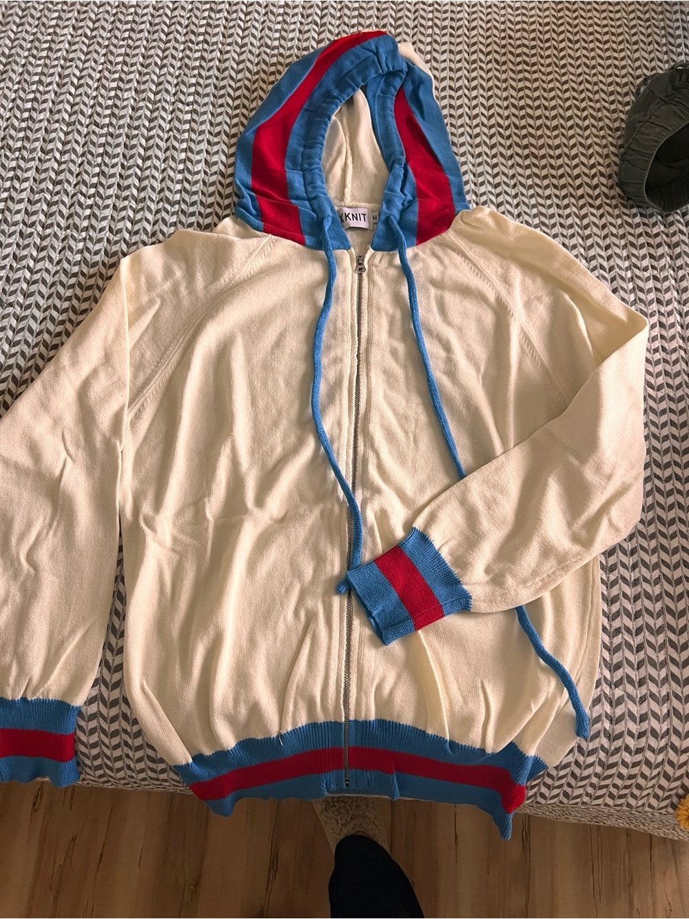 Cream Zip-Up Hooded Sweater with Blue & Red Trim